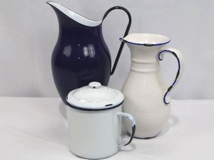 Enamelware Pitcher Set - Blue 9 in Tall, White 9.5 in Tall, White Lidded Sugar Jar 6 in