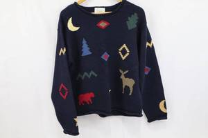 Christopher & Banks Navy Knit Cardigan - Geometric & Woodland Motifs, Size L, RamieCotton