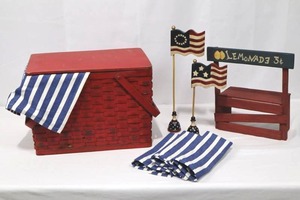 Red Woven Picnic Basket with Lid - Patriotic Display Set (2 Flags, Lemonade Sign, Pier 1 Napperon)
