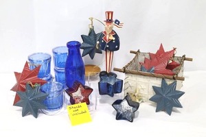 Patriotic Blue Glass Bottles Set with Star Ornaments & Uncle Sam Figurine