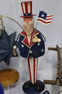 Patriotic Blue Glass Bottles Set with Star Ornaments & Uncle Sam Figurine