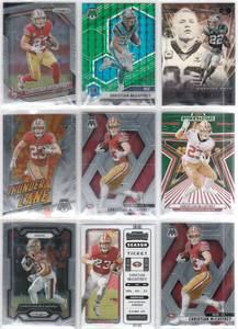 Christian McCaffrey - 2020 Illusions, 2021 Mosaic Green Prizm, 2022 Contenders, 2023 Prizm, 2024 Rookies & Stars, 2025 Mosaic