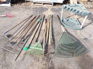Garden Tools, Rakes, Hoes, Tool Rack, and more