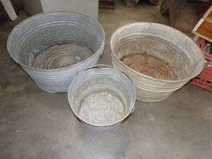 Vintage 2 Galvanized Tubs and 1 Galvanized Pail