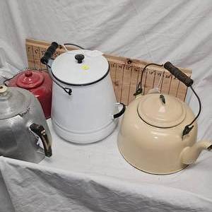 Three Enamel Coffee Pots, One Aluminum Pot