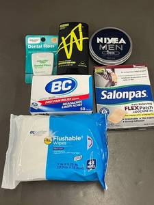 Axe Deep Woods Antiperspirant, NIVEA MEN Creme 150 ml, Salonpas Patch, BC Pain Relief, Equate Dental Floss Mint Waxed, Equate Flushable Wipes