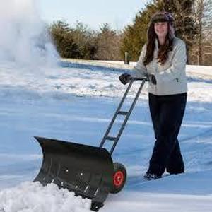 EAGLE PEAK 43.9 in. Double-Rod Metal Handle Rolling Snow Pusher Shovel with Steel Blade, Snow Shovel Pusher Plow with Wheels