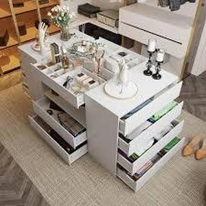 FUFU&GAGA White 14-Drawers 63 in. Width Bedroom Dresser Makeup Island with Glass Top