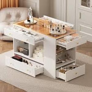 6-Drawer Closet Island with Glass Display Top & Open Shelves, Jewelry Vanity Storage Organizer Center for Walk-in Wardrobe, White