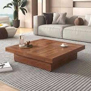 Polibi 39.4 in. Walnut Square MDF Coffee Table with 2 Drawers