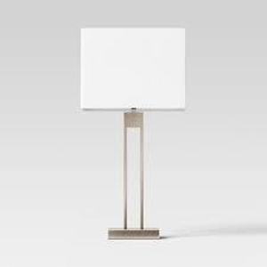 Window Pane Table Lamp with USB Nickel - Threshold Modern Metal Body, Linen Cylinder Shade, ETL Listed