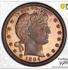 1894 Barber Quarter PCGS PR64  Key Date Proof  Mintage 972