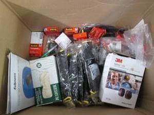 Box of protective gloves, ear muffs...