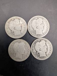Barber Quarter (Lot of 4) US 25c Silver Coins 1903, 1908, 1910, 1915