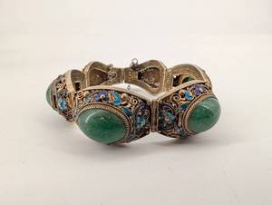 Antique Silver Filigree Bracelet with Green Cabochon Stones & Blue Enamel