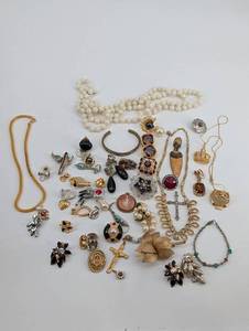 Assorted Costume Jewelry Collection - Crosses, Pearls, Cameos & Brooches