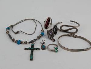 Turquoise & Sterling Silver Jewelry Lot - Cross Pendant, Bracelets, Rings & Earrings