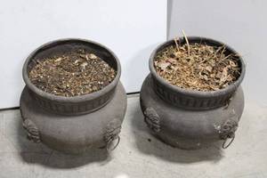 Pair of Antique Cast Stone Planters with Lion Head Ring Handles 13 x 14