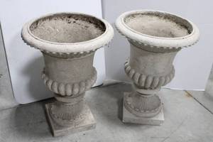 Pair of Ornate Concrete Urn Planters - Beaded Rim, Fluted Base - 28" x 20.5" (Lot of 2)