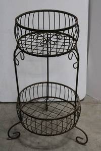 Plant Stand - Vintage Wrought Iron 2-Tier with Circular Wire Baskets 34tall