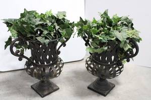 Iron Cast Garden Urns - Lattice Pattern, Pair with Removable Ivy Leaves 17 x 16