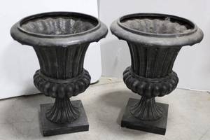 Pair of Black Resin Urn Planters with Fluted Sides and Square Pedestals 20.5 x 16