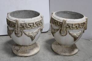 Pair of Greek-Key Urn Planters with Grapevine Relief Concrete 16 x 14