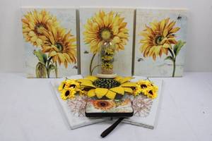 Sunflower Wall Decor Set - 3-Panel Triptych, Wire Panels & Dome Vase & Wallet