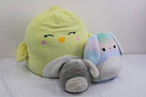 Squishmallows 3-Pack Plush Set - Yellow Chick, Grey Bunny & Pastel Rainbow Bunny