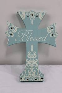 Blessed Cross Wall Hanging - Blue Wood Decor with White Scrollwork 16
