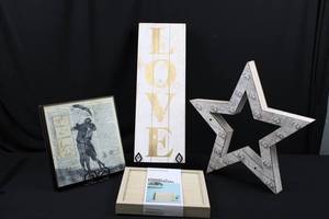 Love Sign, Lighted Star, Vintage Print Frame & Letter Board - 4-Piece Decor Set