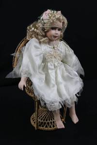 Porcelain Bisque Doll in Ivory Lace Dress with Floral Crown & Wicker Basket Chair 19tall