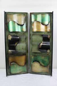 Pair of Verdigris Patina Metal Wall Panels with Curved Cutouts - Each 36 x 13