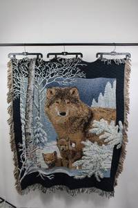 Wolf Family Tapestry Throw - Two-Sided with Lighthouse Scene (Fringed Edges)