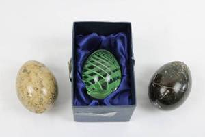 Decorative Stone & Glass Egg Trio in Blue Satin Box