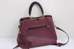 Burgundy Pebbled Leather Satchel Bag - Gold V-Hardware, Braided Handles