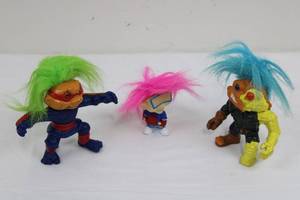 Three Troll Action Figures with Neon Hair - Blue Outfit, Pink Hair, Yellow Arm