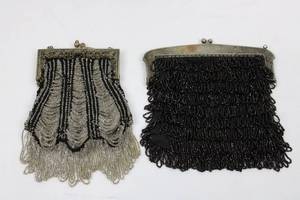 Beaded Fringe Clutch Pair - Silver Gray & Black with Ornate Metal Frames