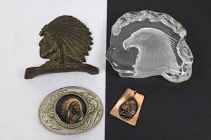 Native American Chief Motif Collection (Lot of 4) - Bronze Bust, Belt Buckle, Copper Pendant & Glass Eagle Dish