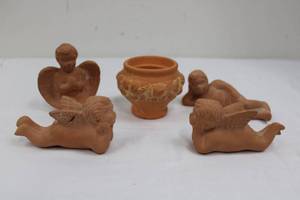 Terracotta Cherub Angel Figurine Set with Decorative Vase - 5-Piece Display 3-5Tall