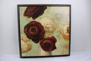 Framed Rose Bouquet Painting - Red & Ivory Roses in Vase 30.5 x 30.5