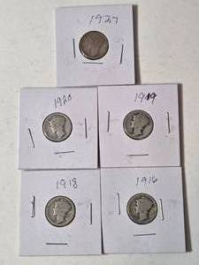 5-Silver Mercury Dimes (1916,1918,1919,1920,1927) - Silver - Lot 1