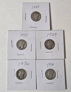 5-Silver Mercury Dimes (1920,1929,1935,1936,1936) -  Silver - Lot 3