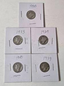 5-Silver Mercury Dimes (1920,1929,1935,1939,1940) -Silver - Lot 4