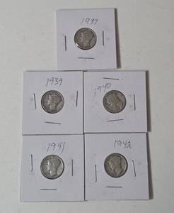 5-Silver Mercury Dimes (1937,1939,1940,1941,1942) -  Silver - Lot 5