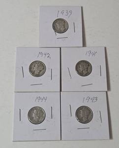 5-Silver Mercury Dimes (1939,1941,1942,1943,1944) -  Silver - Lot 6
