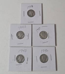 5-Silver Mercury Dimes (1939D,1940,1941S,1942,1943) -  Silver - Lot 8