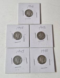 5-Silver Mercury Dimes (1941,1942,1943,1944,1945) -  Silver - Lot 9