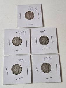 5-Silver Mercury Dimes (1941D,1942D,1943S,1944,1945) - Silver - Lot 10