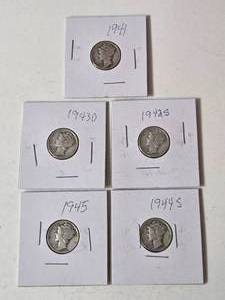 5-Silver Mercury Dimes (1941,1942S,1943D,1944S,1945) - Silver - Lot 11